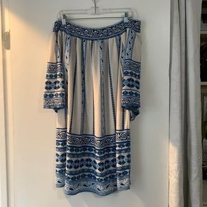 White and blue off the shoulder dress